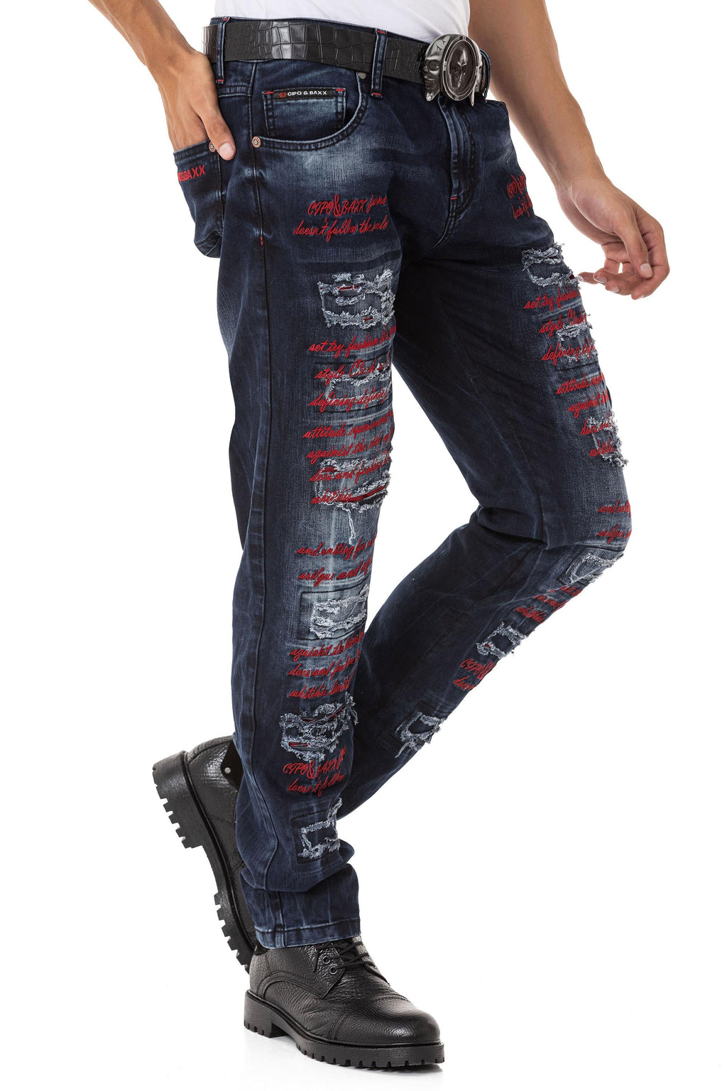CD694 Text Embroidered Ripped Detail Men's Jeans