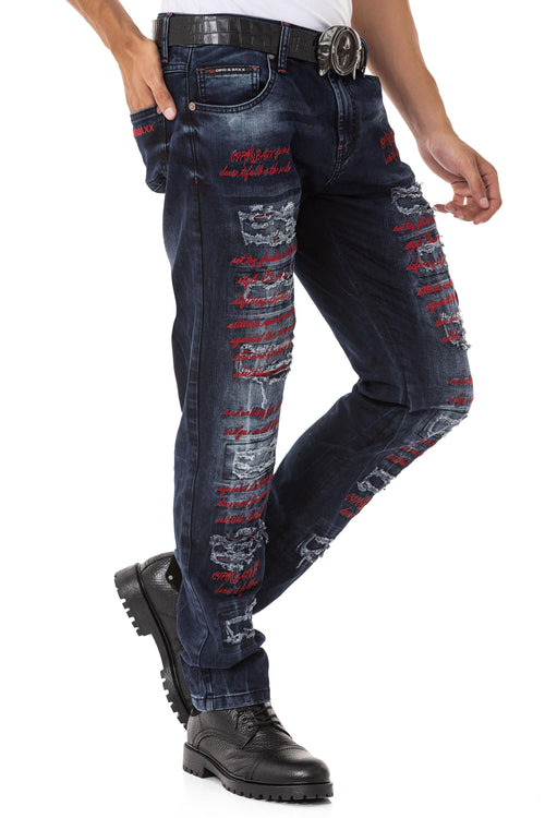 CD694 Text Embroidered Ripped Detail Men's Jeans