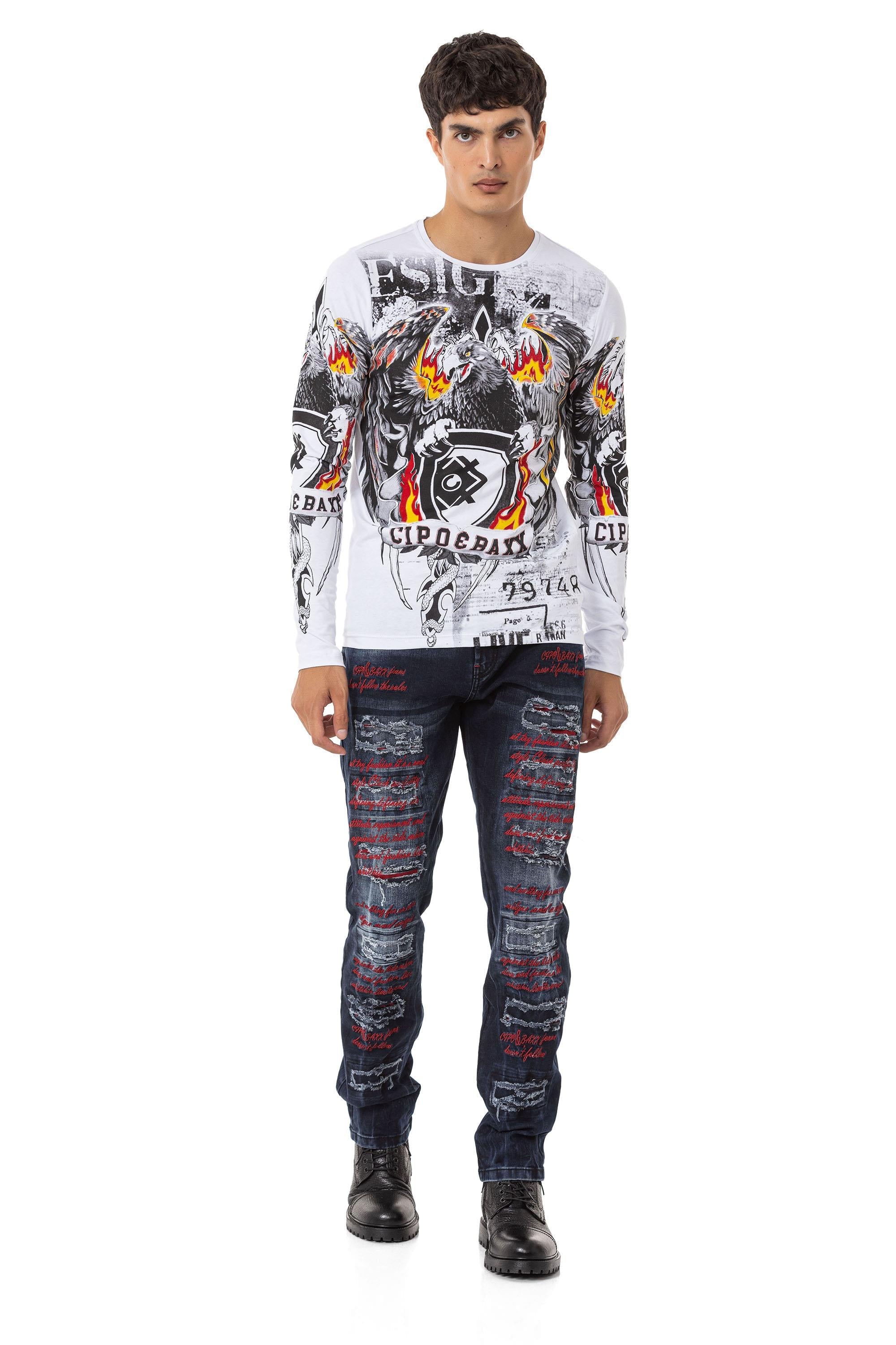CD694 Text Embroidered Ripped Detail Men's Jeans