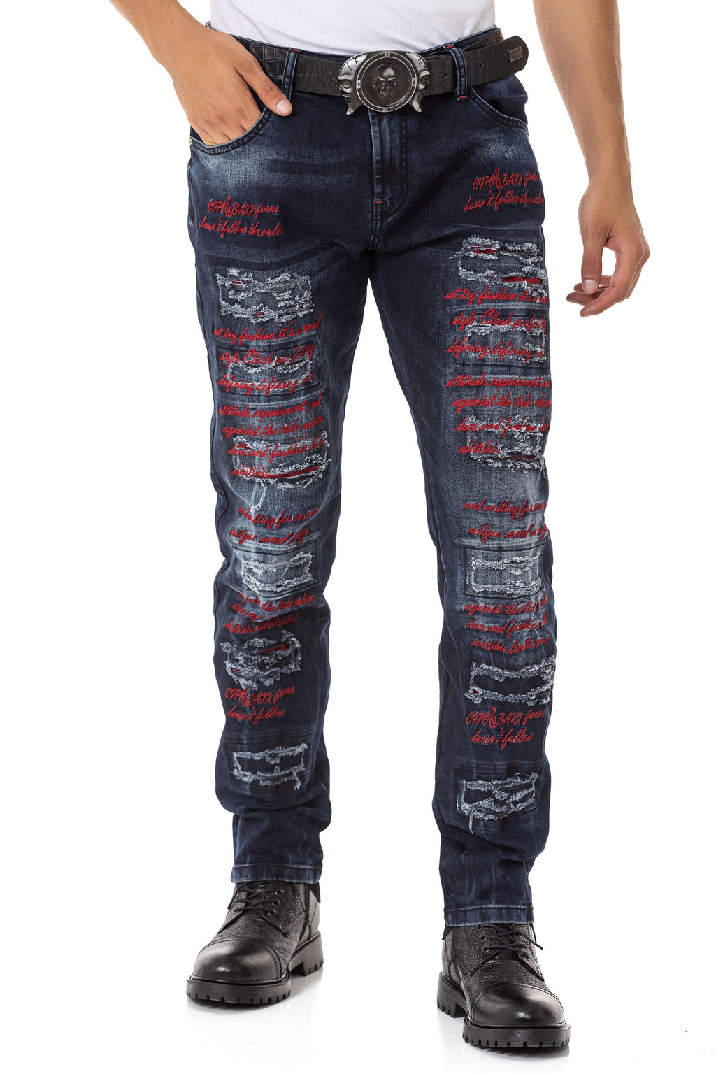 CD694 Text Embroidered Ripped Detail Men's Jeans