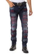 CD694 Text Embroidered Ripped Detail Men's Jeans