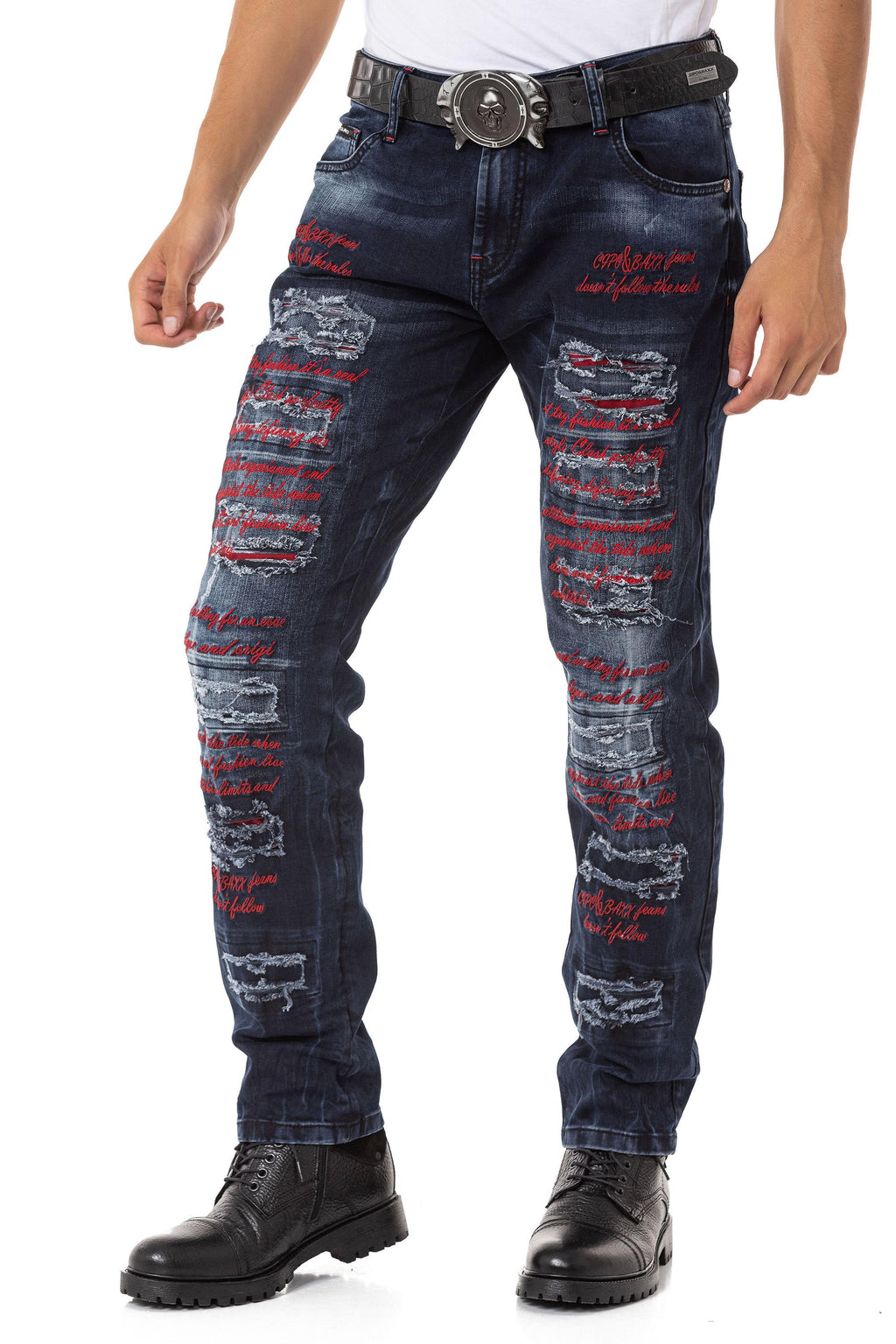 CD694 Text Embroidered Ripped Detail Men's Jeans