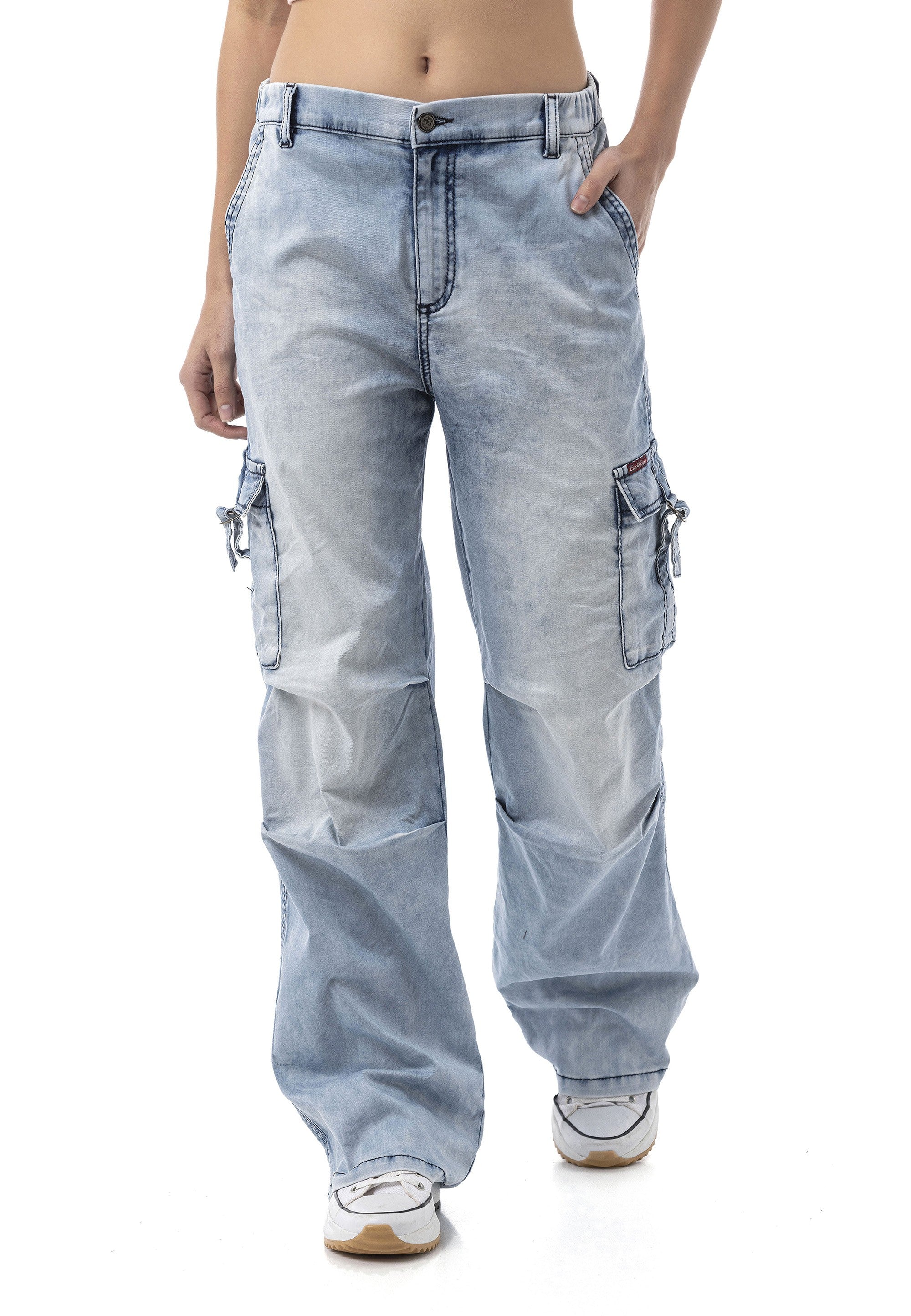 WD544 Women's Wide Leg Jeans – Cargo Pocket Ice Blue Relaxed Fit