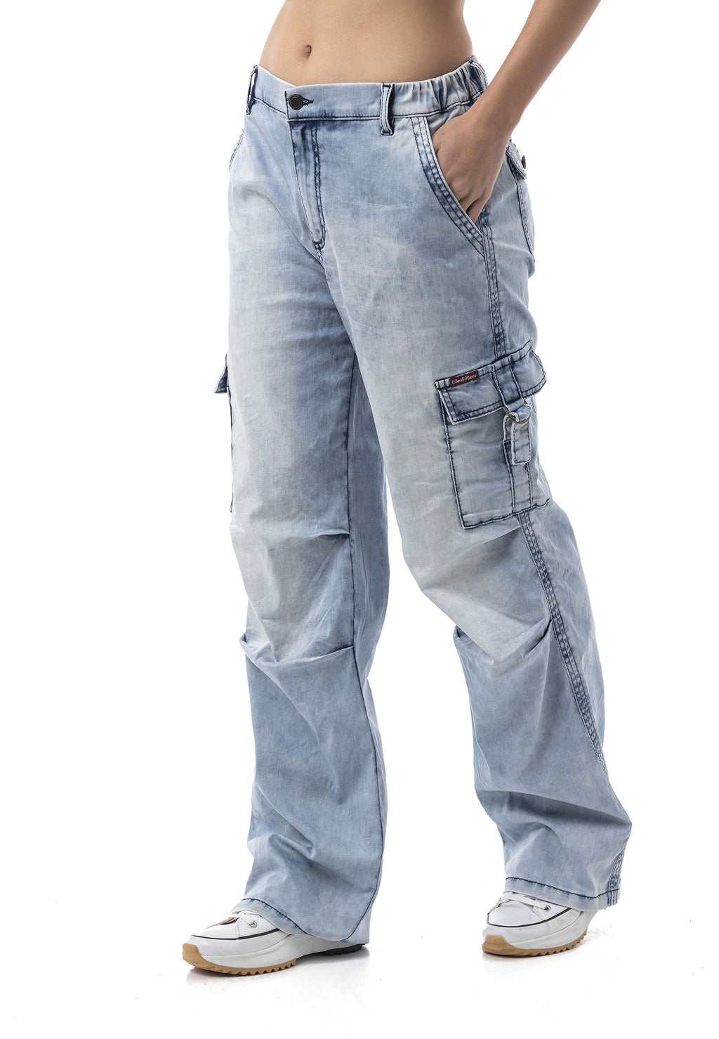 WD544 Women's Wide Leg Jeans – Cargo Pocket Ice Blue Relaxed Fit