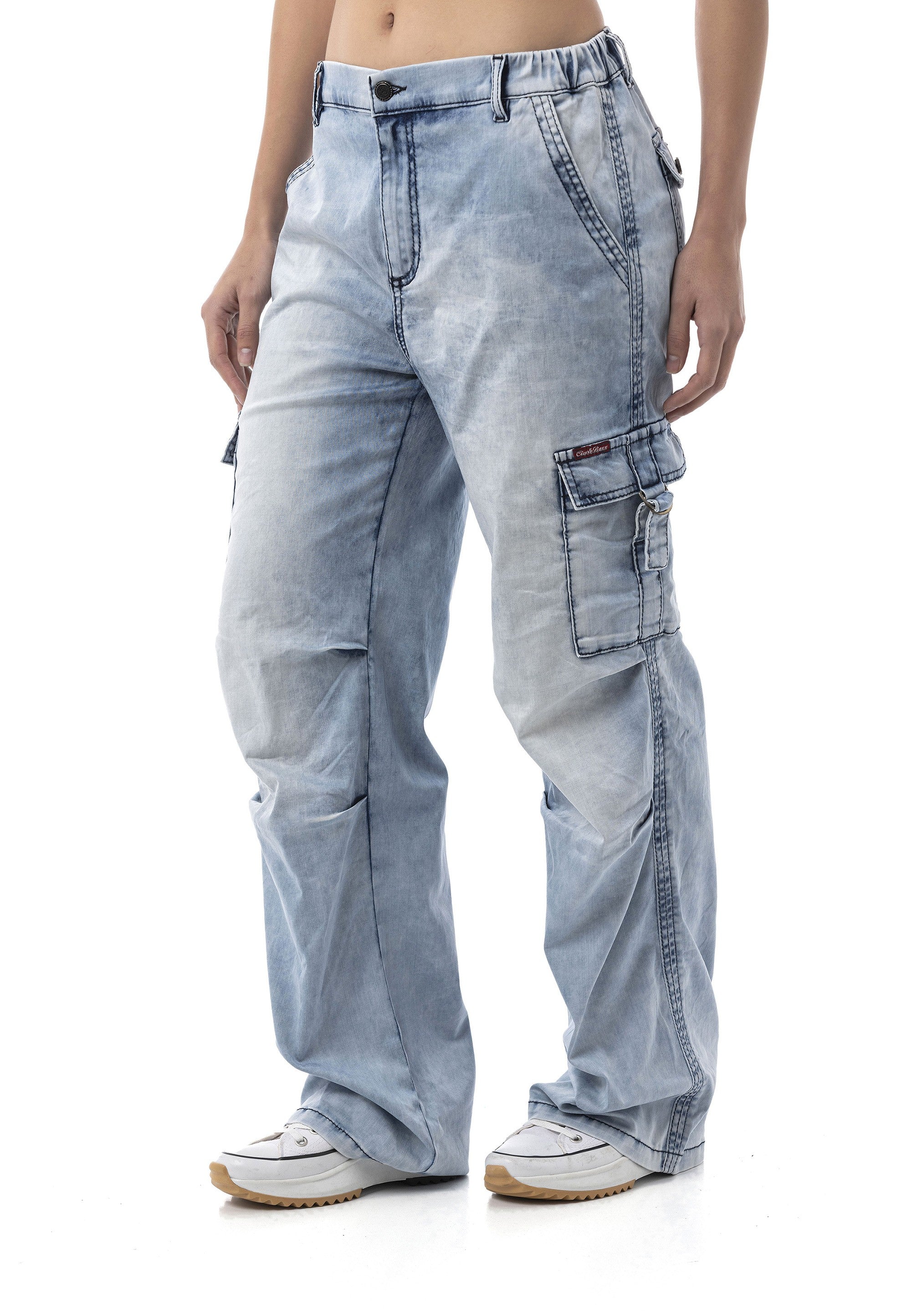 WD544 Women's Wide Leg Jeans – Cargo Pocket Ice Blue Relaxed Fit