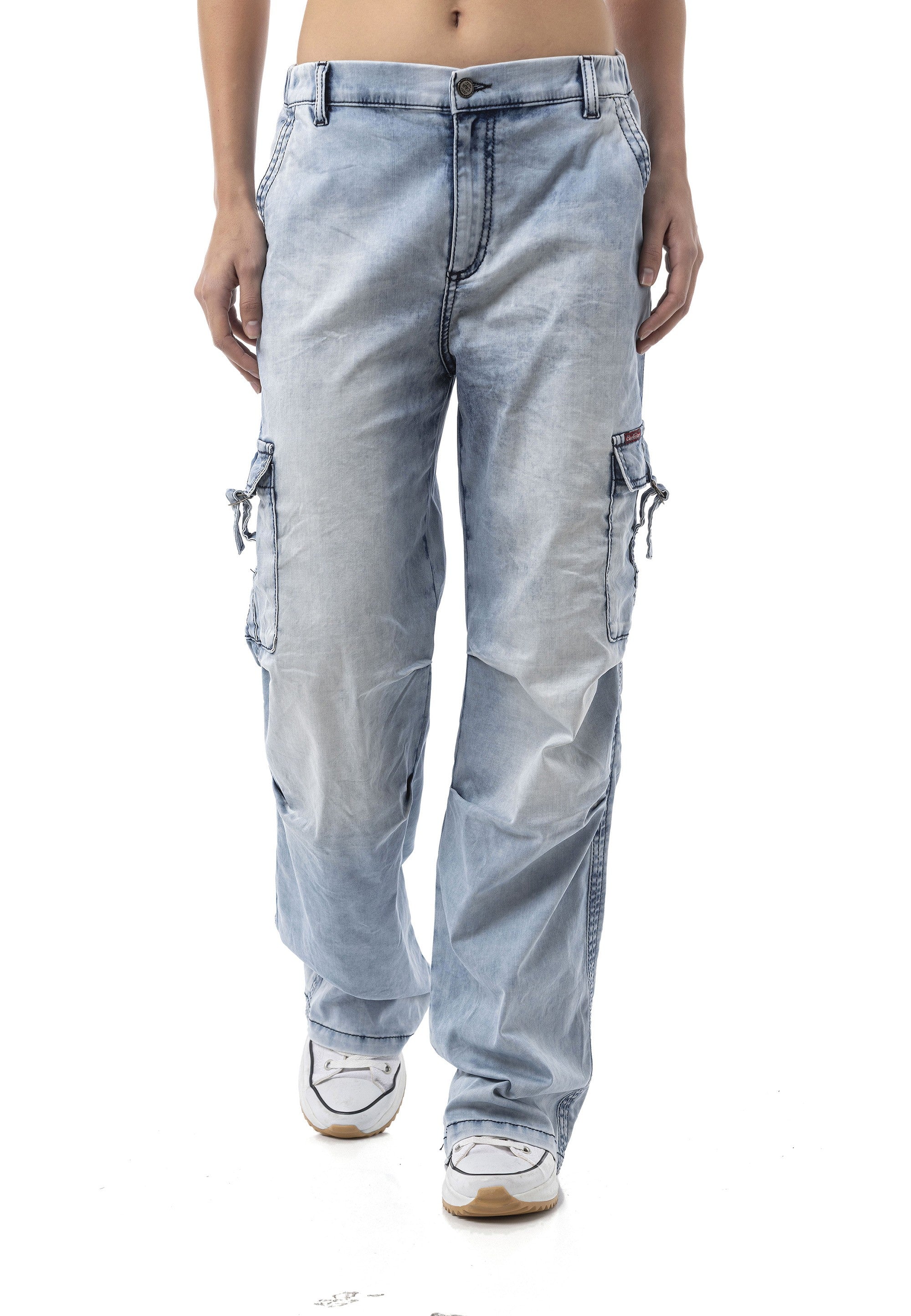 WD544 Women's Wide Leg Jeans – Cargo Pocket Ice Blue Relaxed Fit