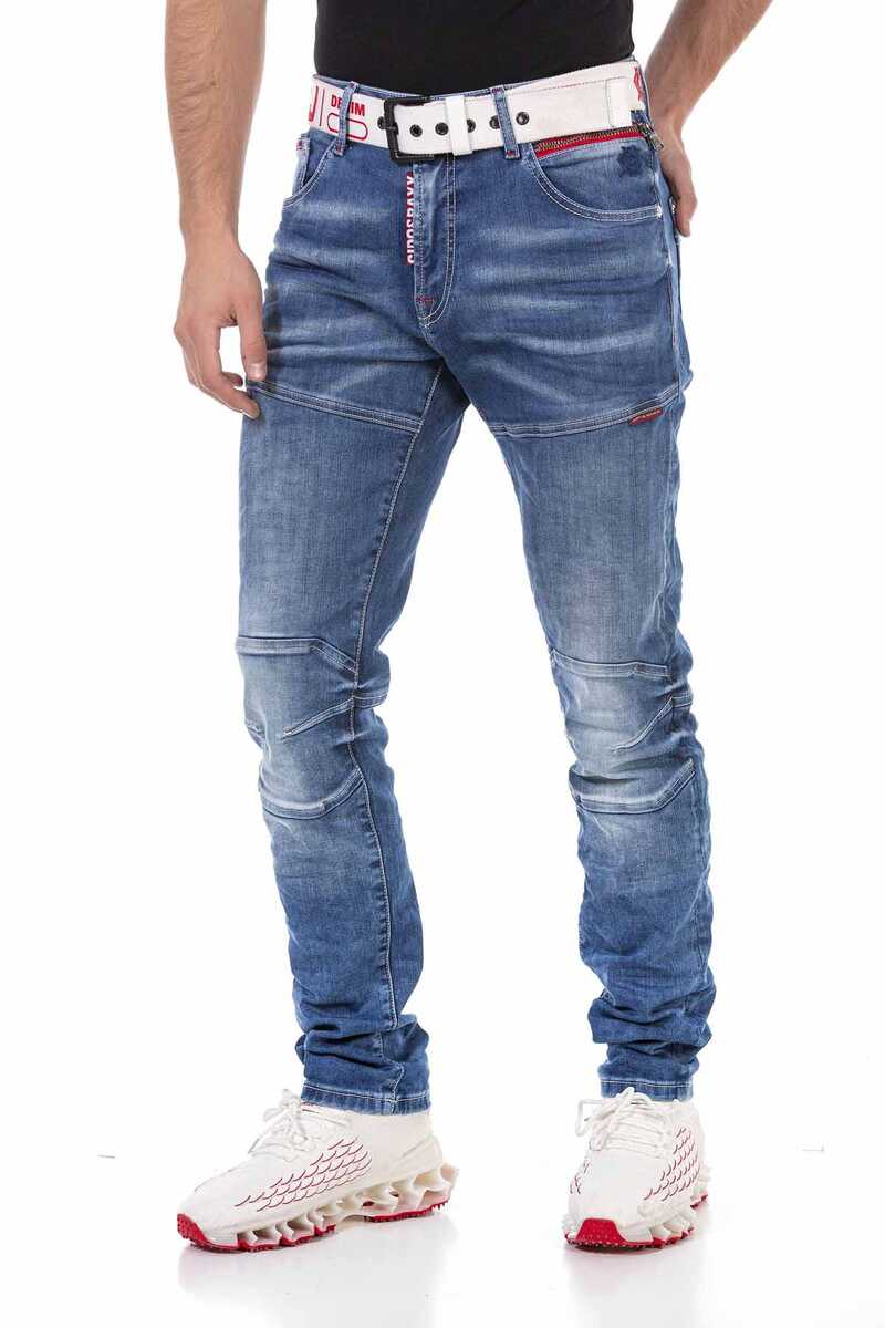 CD698 Hidden Pocket Paneled Biker Style Men's Jeans