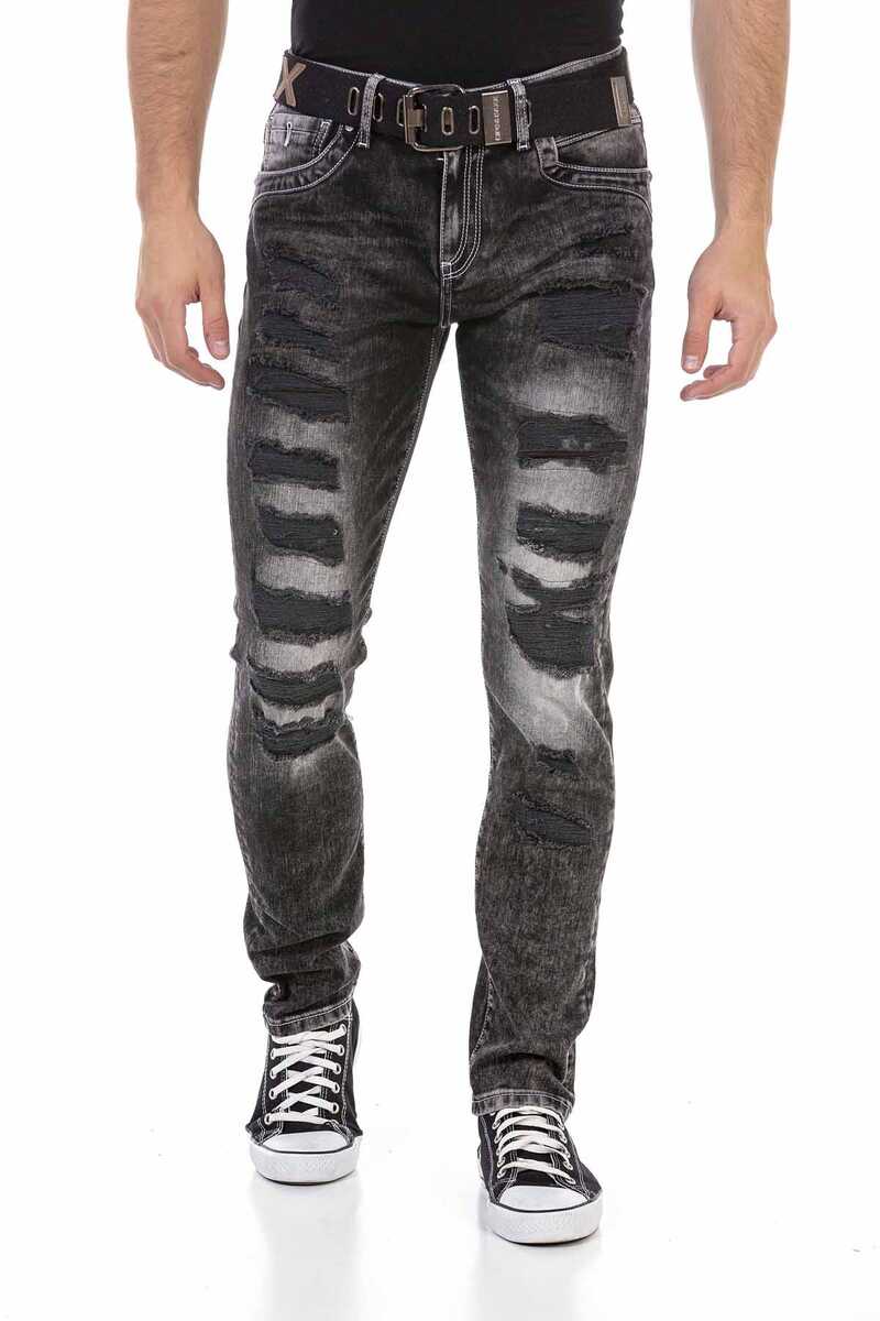 CD713 Embossed Logo Ripped Slim Fit Men's Jeans