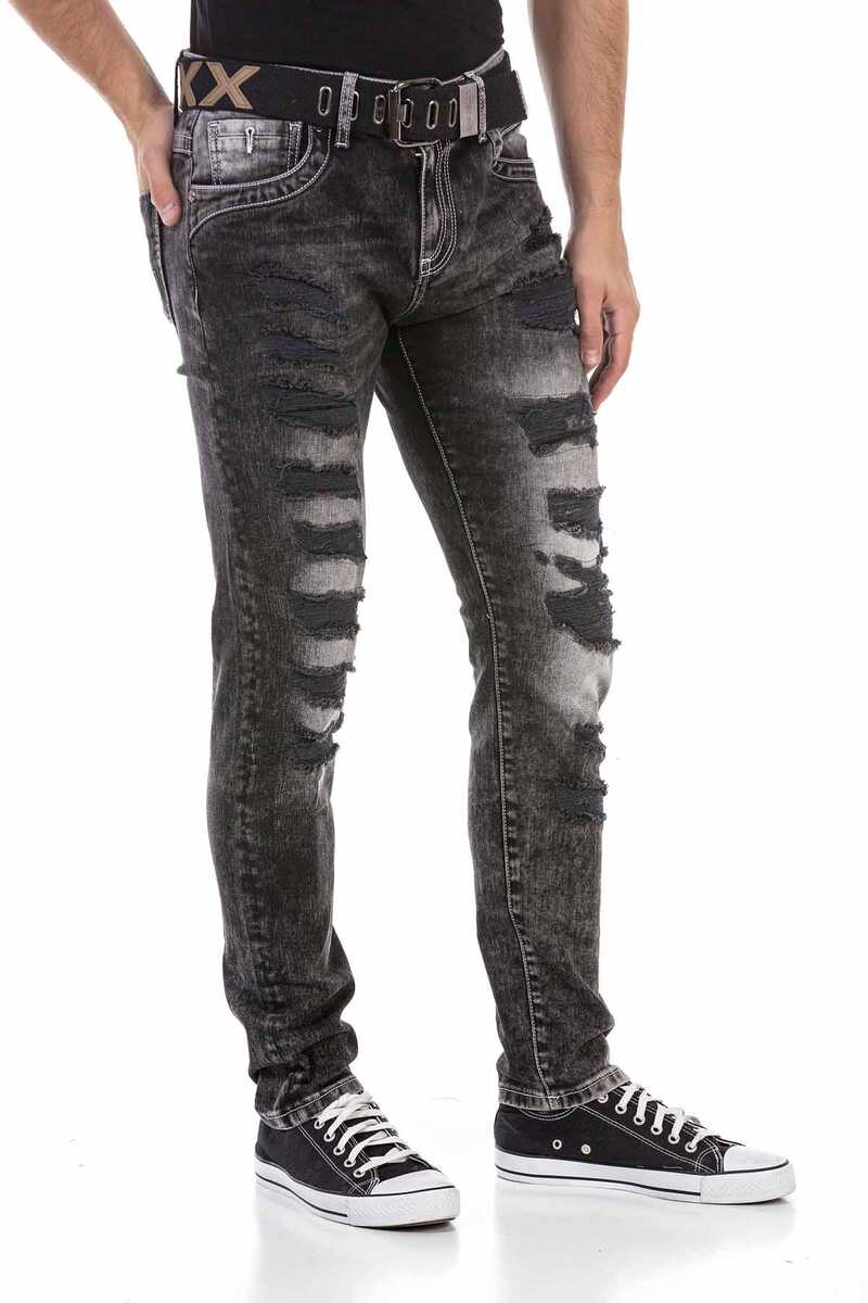 CD713 Embossed Logo Ripped Slim Fit Men's Jeans