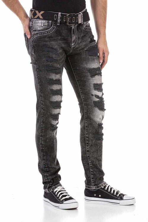CD713 Embossed Logo Ripped Slim Fit Men's Jeans