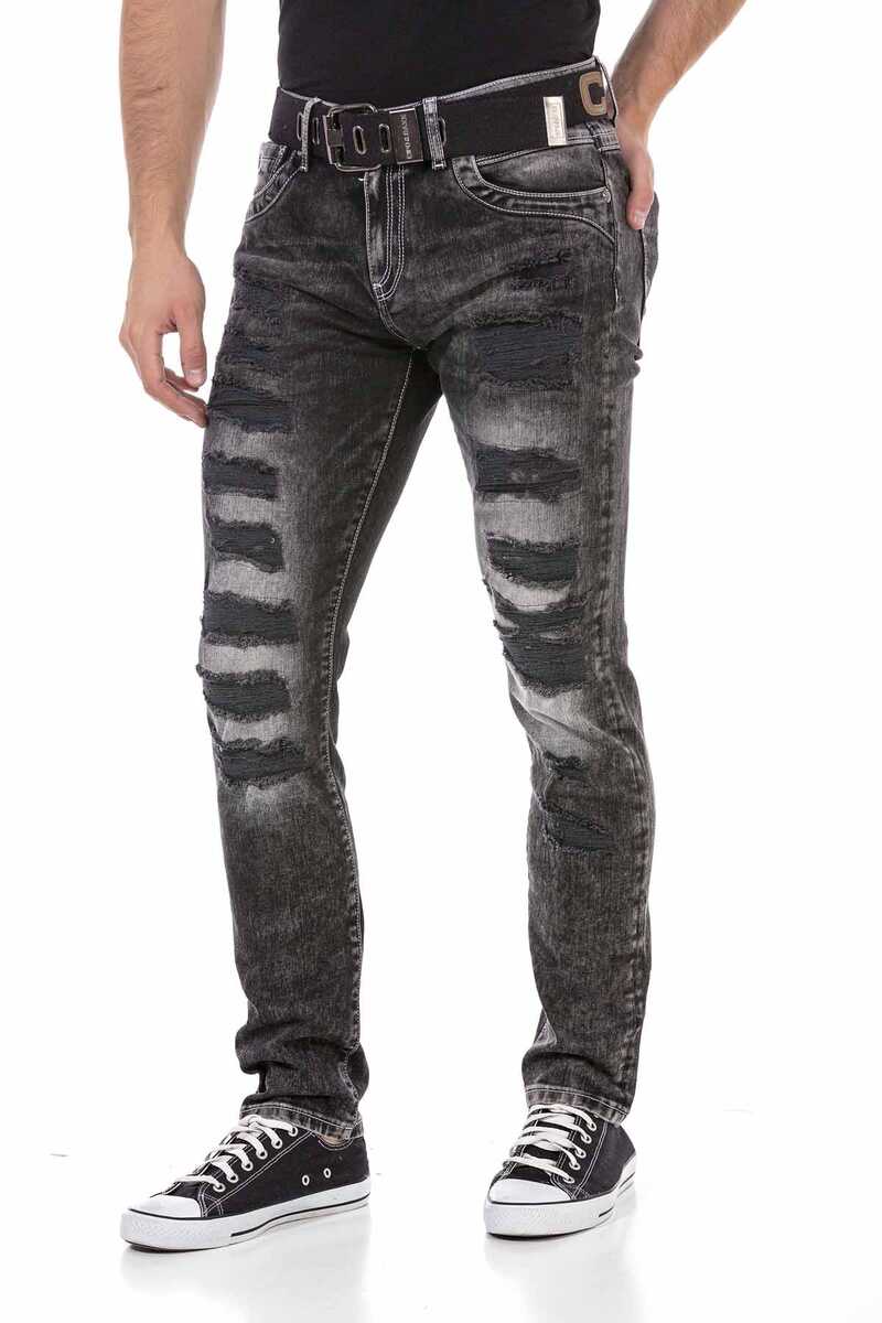 CD713 Embossed Logo Ripped Slim Fit Men's Jeans