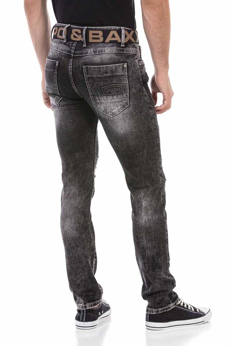 CD713 Embossed Logo Ripped Slim Fit Men's Jeans