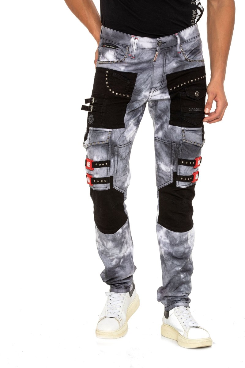 CD805 Paneled Cargo Pocket Tie-Dye Jeans