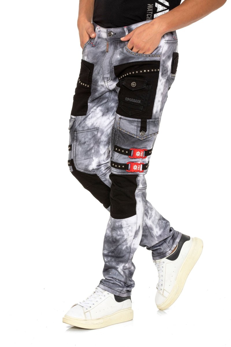 CD805 Paneled Cargo Pocket Tie-Dye Jeans
