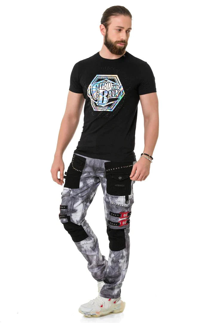 CD805 Paneled Cargo Pocket Tie-Dye Jeans