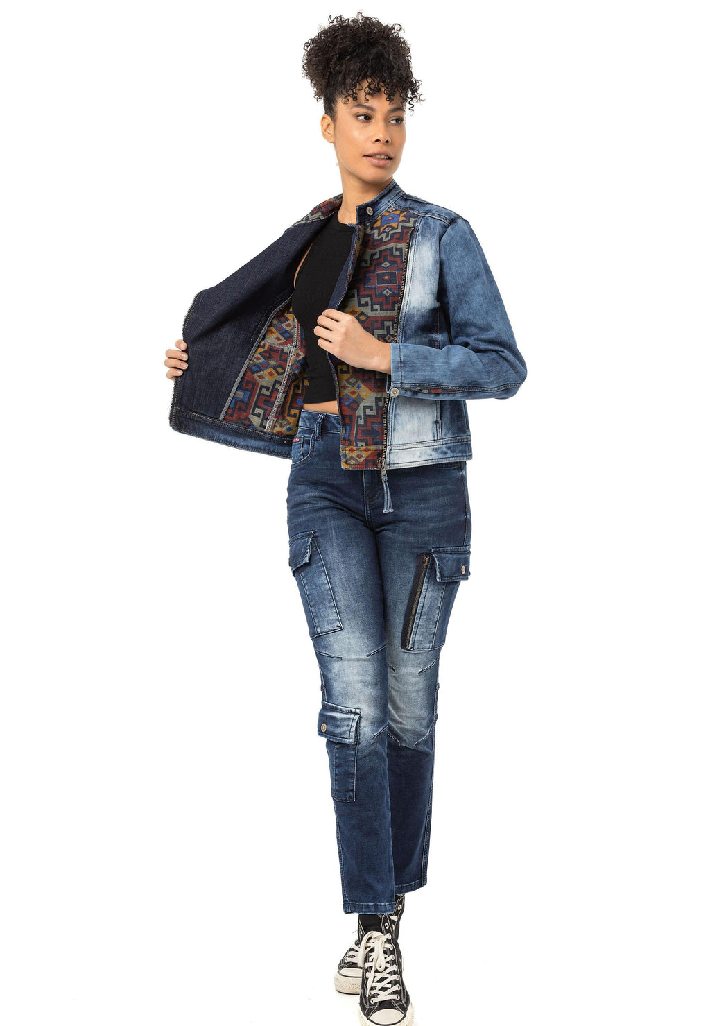 WJ228 Ethnic Pattern Detail Women's Denim Jacket