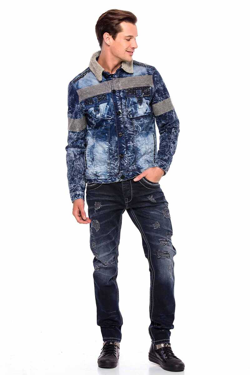 CJ245 Variegated Fur-Trimmed Men's Denim Jacket