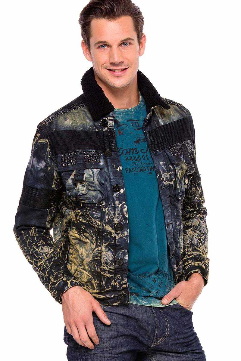 CJ245 Variegated Fur-Trimmed Men's Denim Jacket