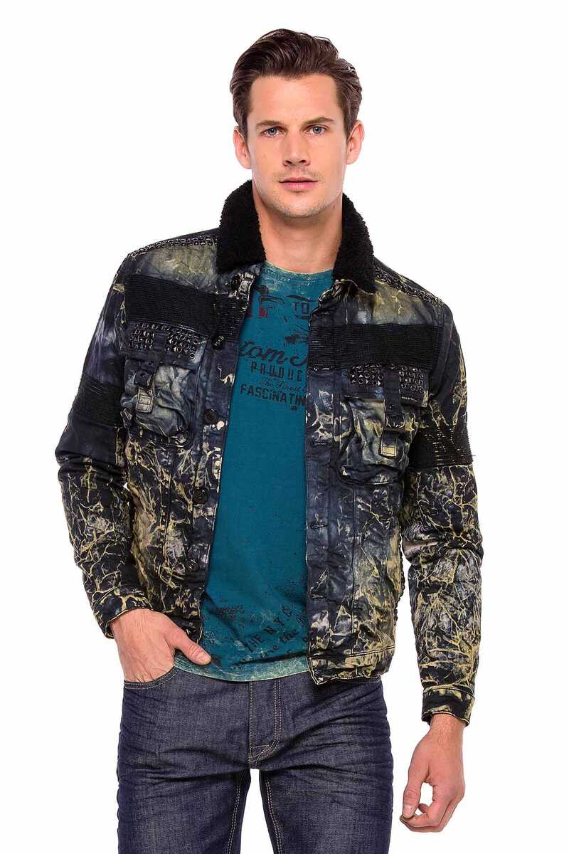 CJ245 Variegated Fur-Trimmed Men's Denim Jacket