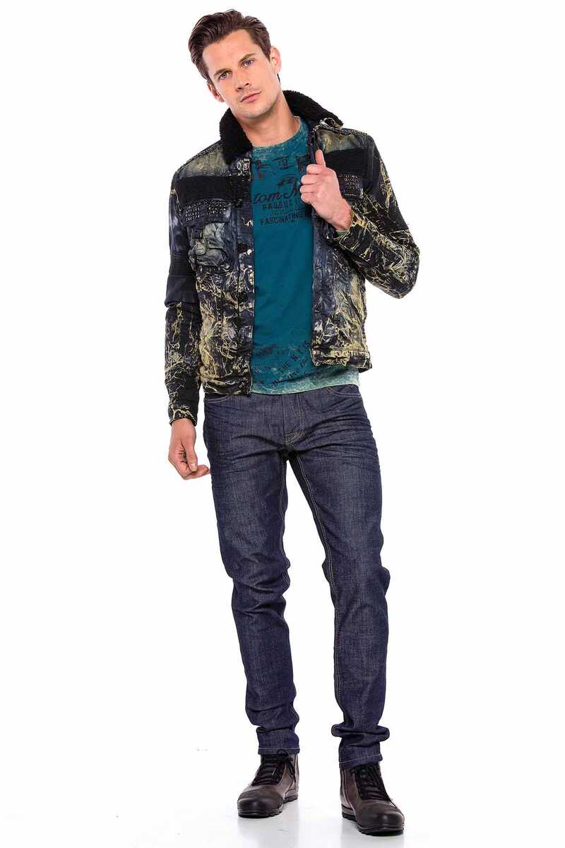 CJ245 Variegated Fur-Trimmed Men's Denim Jacket