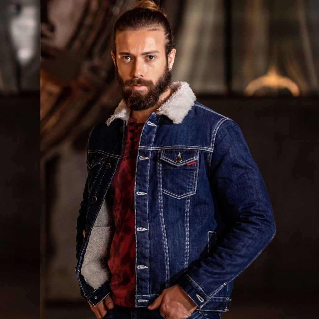 CJ294 Fur-Lined Men's Denim Jacket