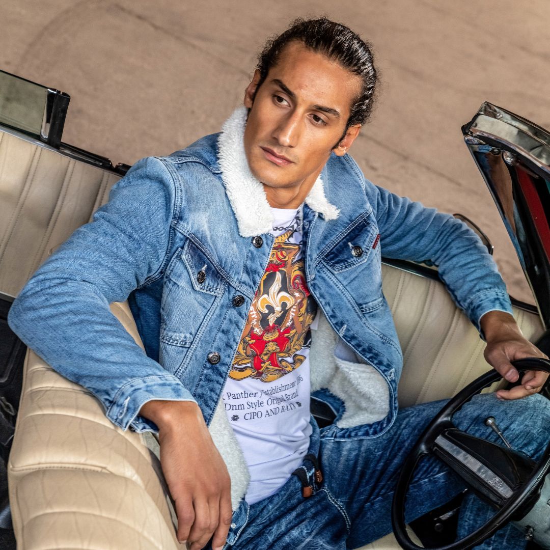 CJ294 Fur-Lined Men's Denim Jacket