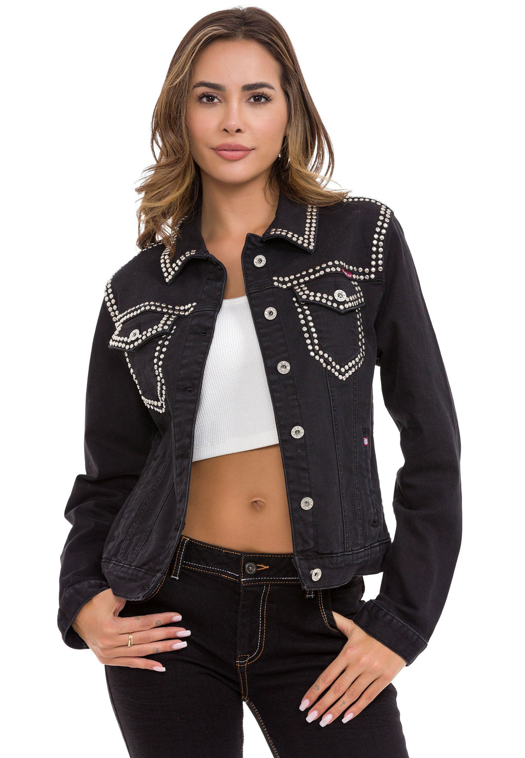 WJ213 Women's Silver Embellished Denim Jacket