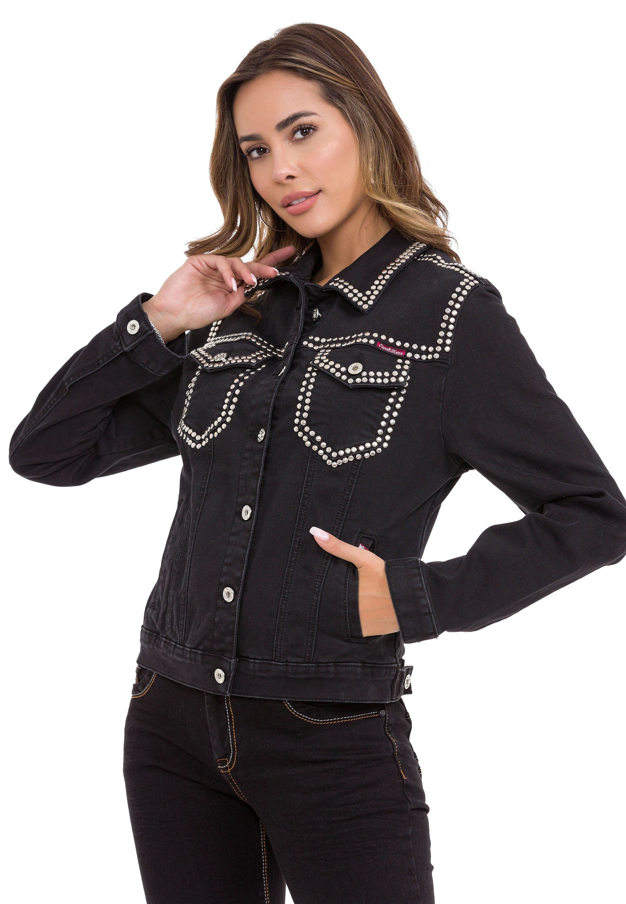 WJ213 Women's Silver Embellished Denim Jacket