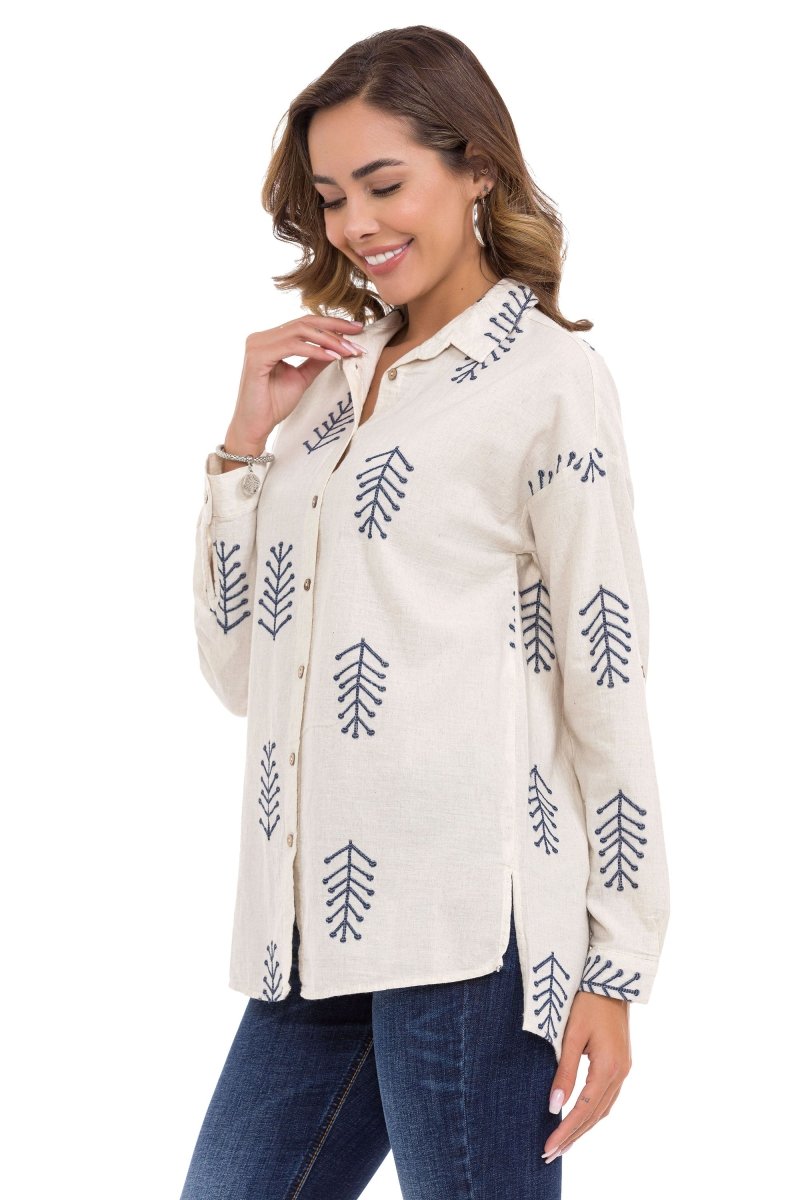 WH129 Embroidery Detail Linen Women's Shirt