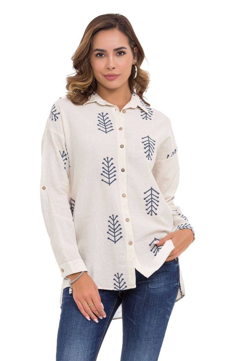WH129 Embroidery Detail Linen Women's Shirt