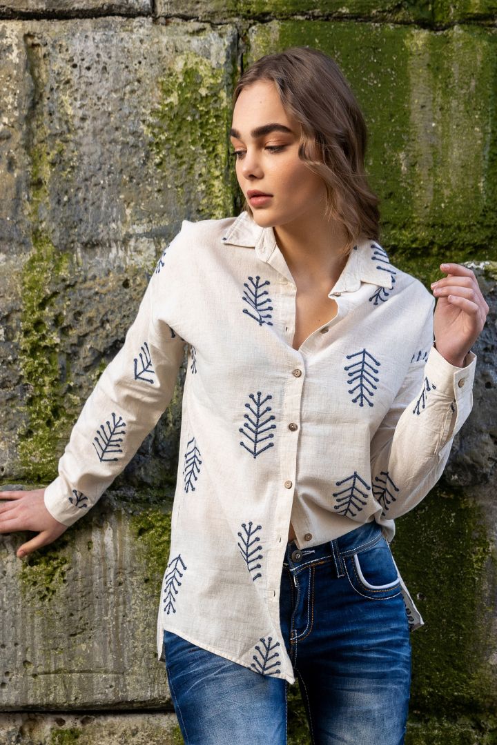 WH129 Embroidery Detail Linen Women's Shirt