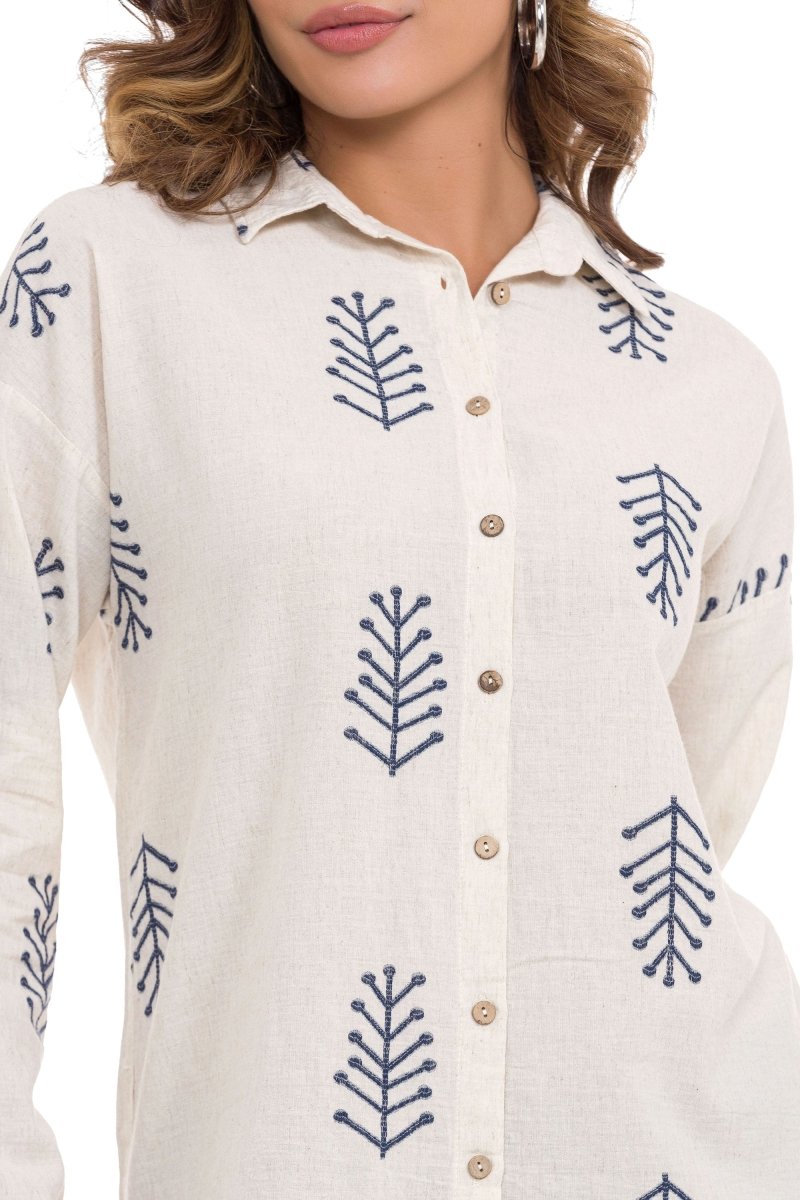 WH129 Embroidery Detail Linen Women's Shirt