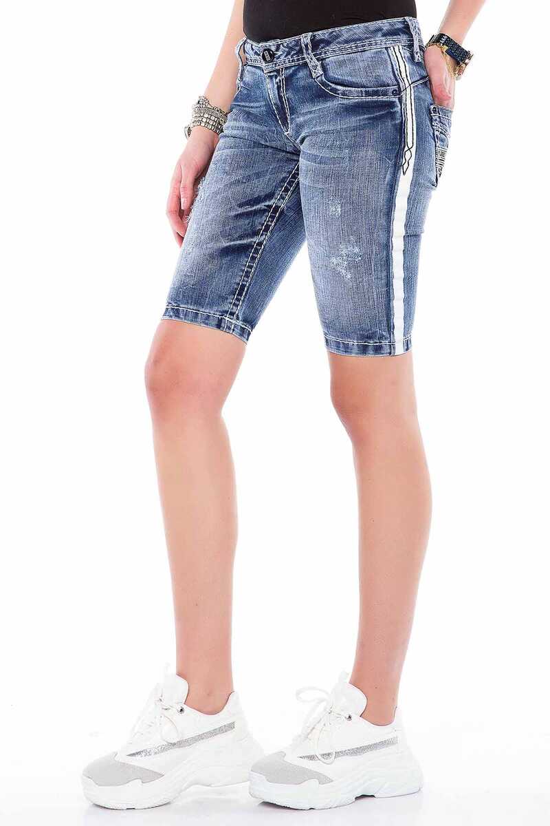 WK147 Striped Embroidered Pocket Women's Denim Shorts