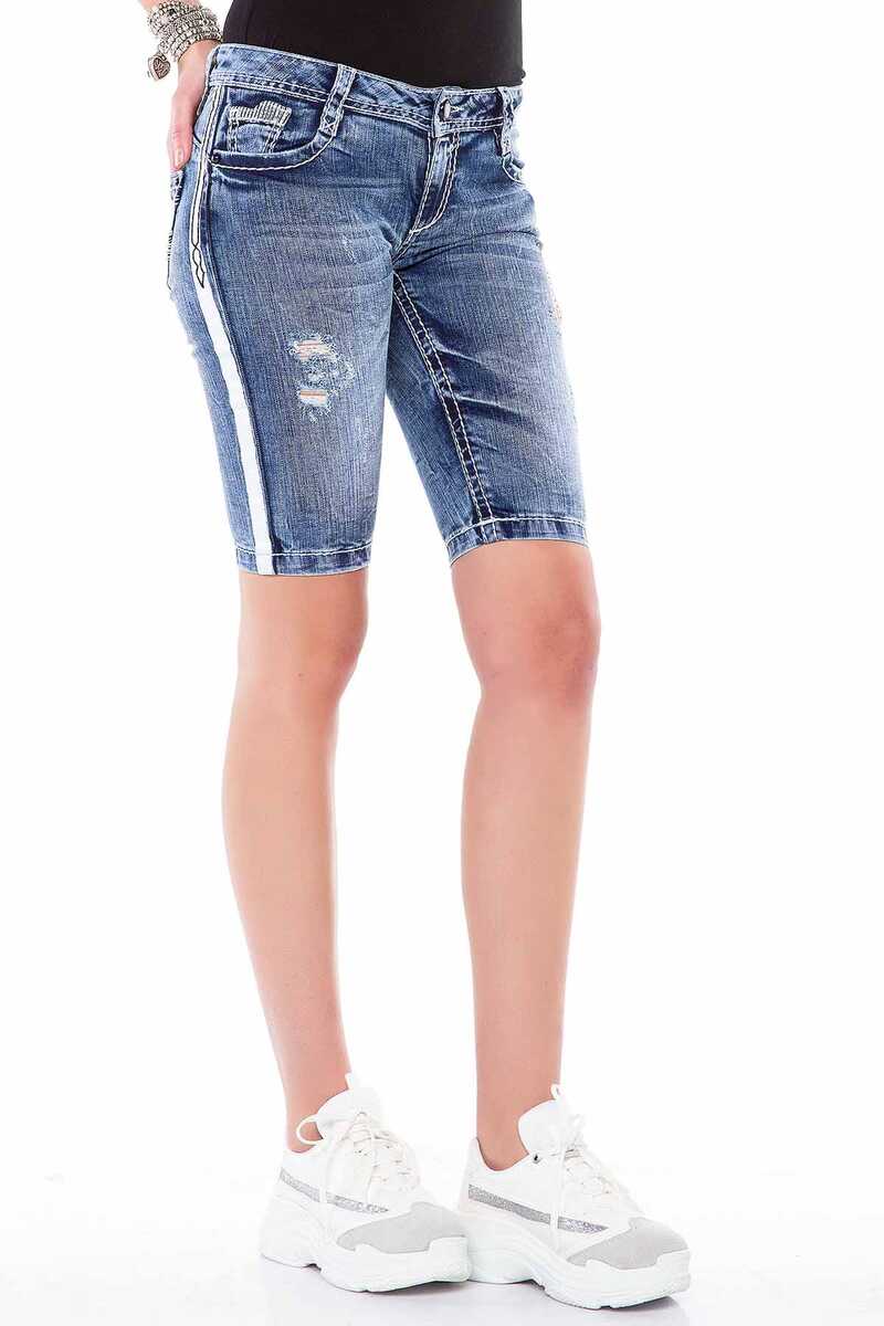 WK147 Striped Embroidered Pocket Women's Denim Shorts