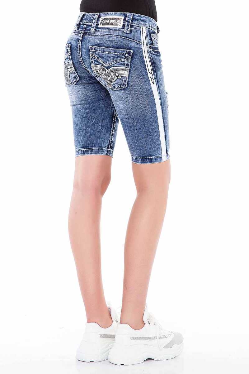WK147 Striped Embroidered Pocket Women's Denim Shorts