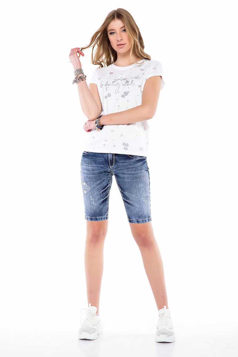 WK147 Striped Embroidered Pocket Women's Denim Shorts