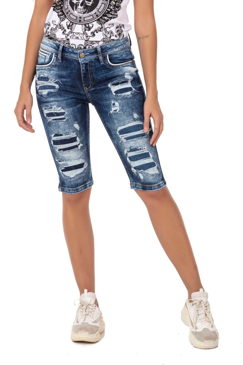WK181 Patched Ripped Long Denim Shorts