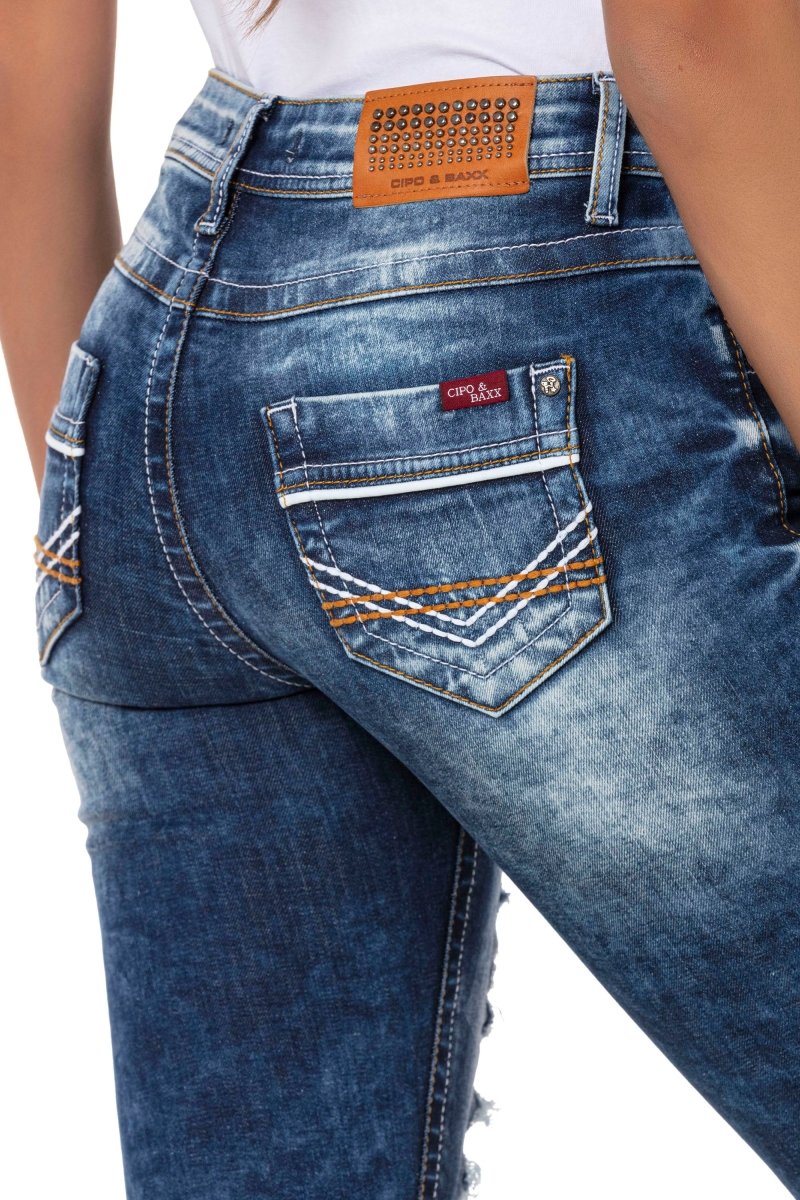 WK181 Patched Ripped Long Denim Shorts