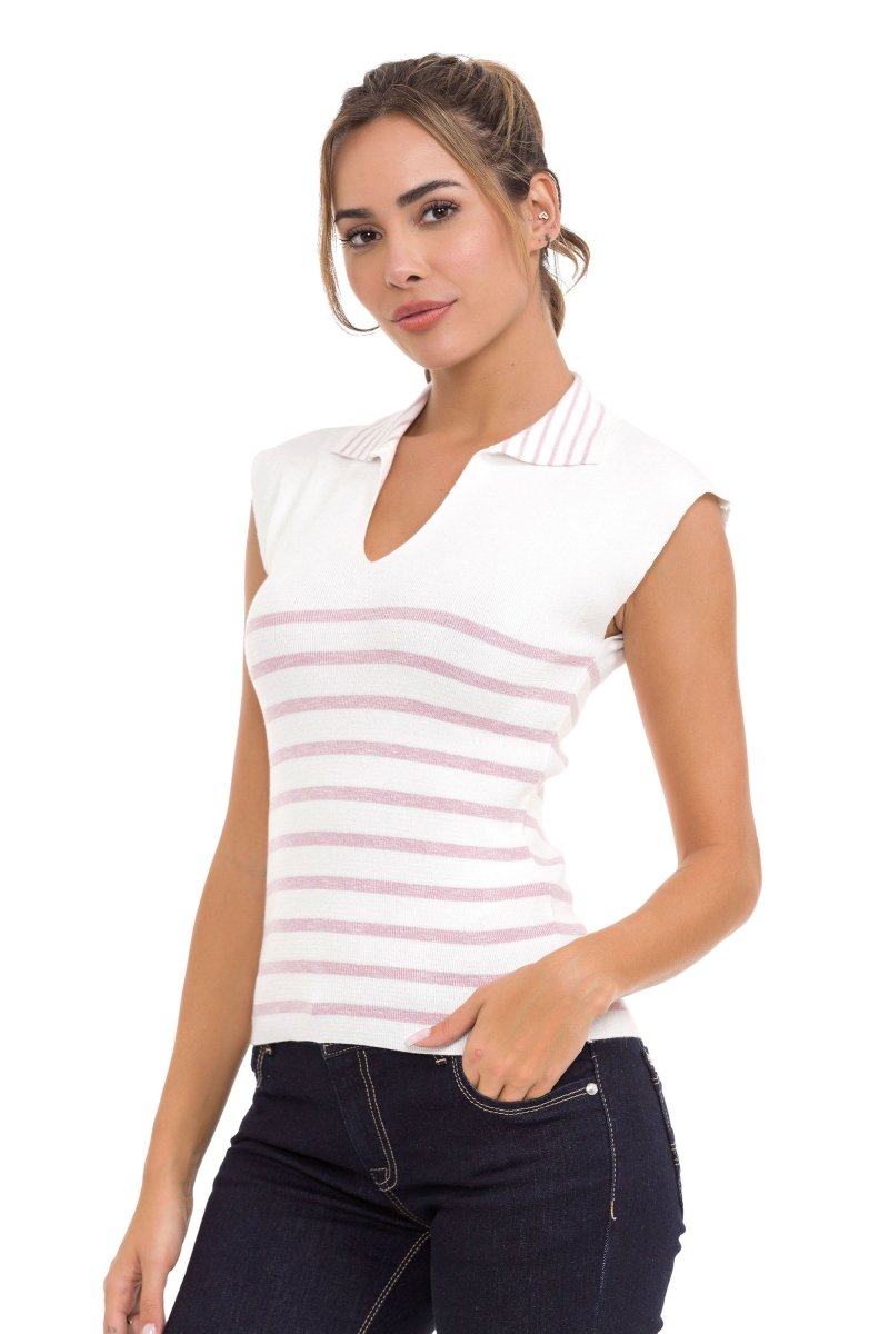 WT353 Polo Collar Striped Knit Women's T-Shirt