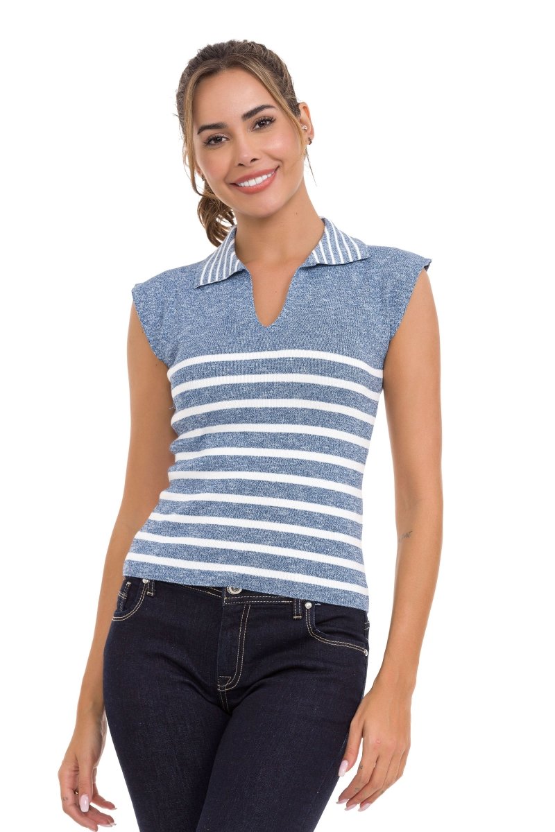 WT353 Polo Collar Striped Knit Women's T-Shirt