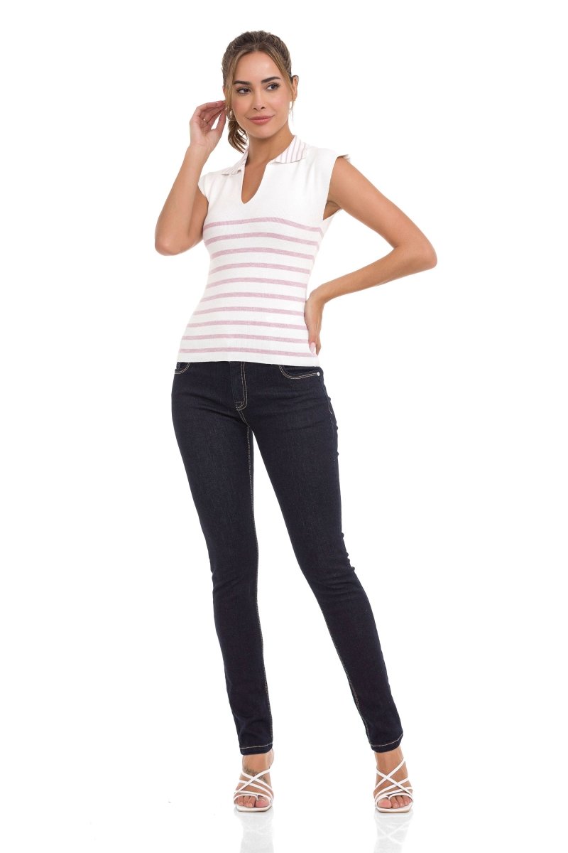 WT353 Polo Collar Striped Knit Women's T-Shirt