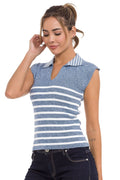 WT353 Polo Collar Striped Knit Women's T-Shirt