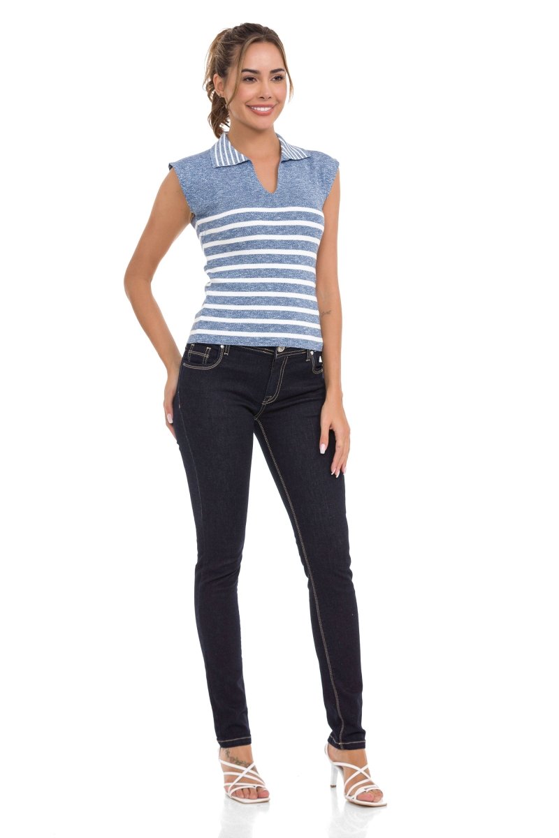 WT353 Polo Collar Striped Knit Women's T-Shirt