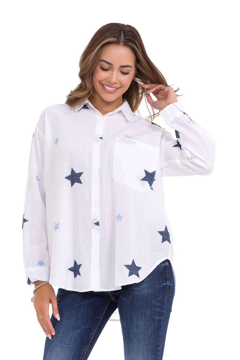 WH127 Star Detail Oversized White Linen Shirt