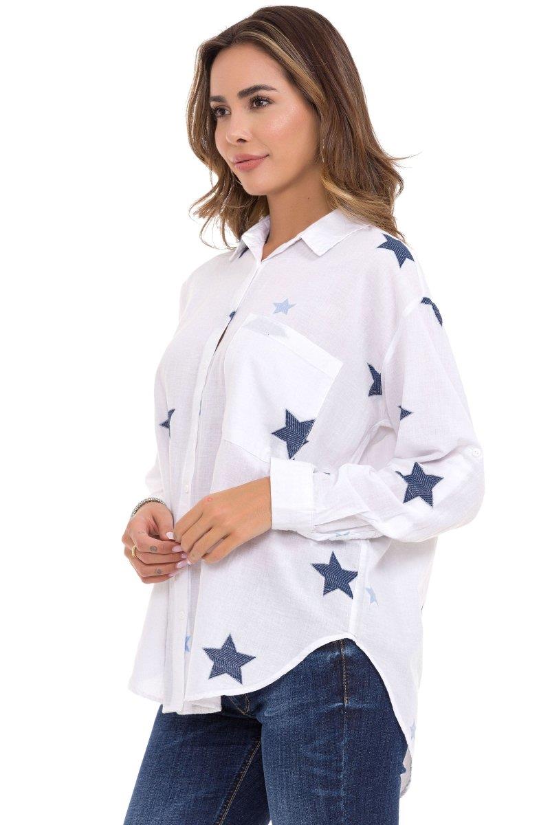 WH127 Star Detail Oversized White Linen Shirt