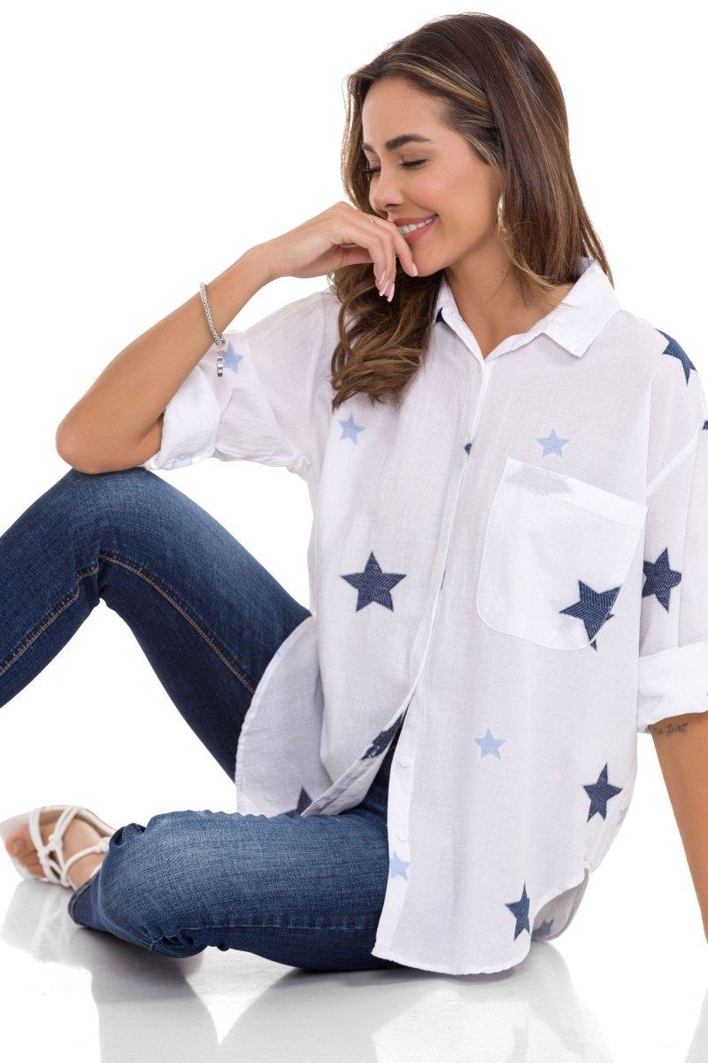 WH127 Star Detail Oversized White Linen Shirt
