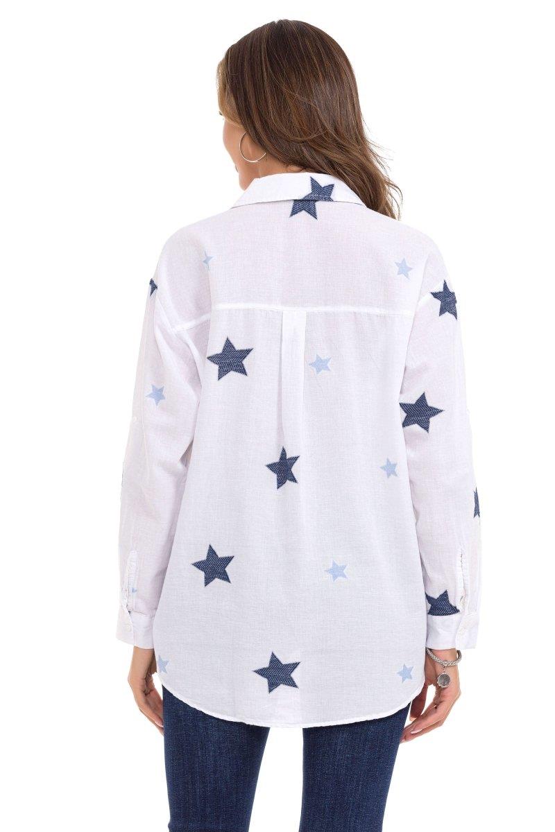 WH127 Star Detail Oversized White Linen Shirt