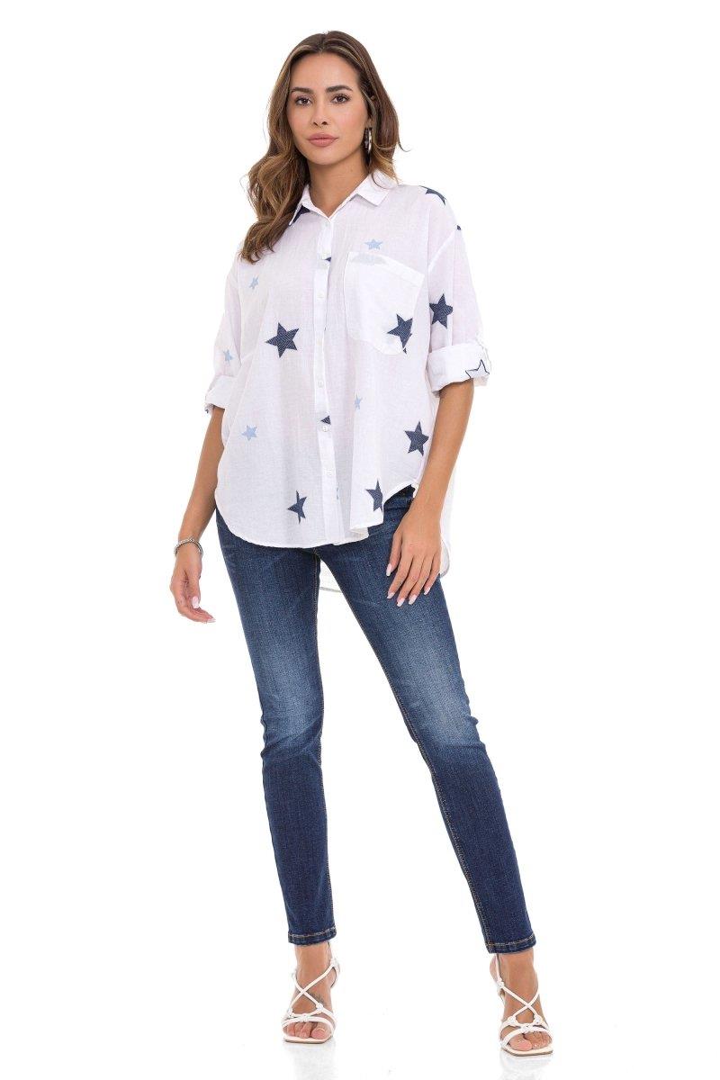 WH127 Star Detail Oversized White Linen Shirt
