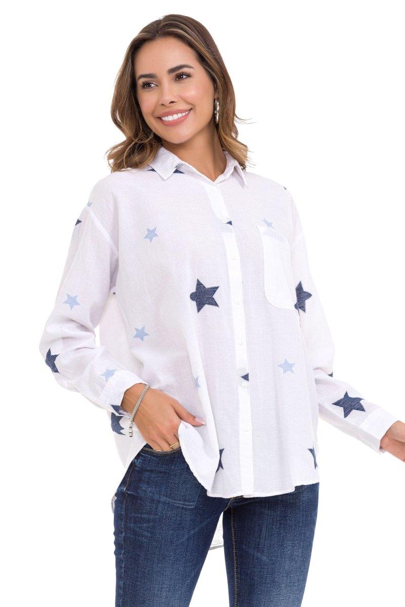 WH127 Star Detail Oversized White Linen Shirt
