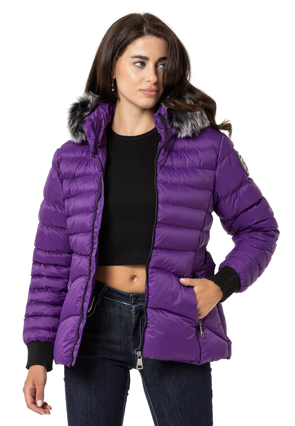WM132 Fur-Trimmed Purple Women's Puffer Jacket